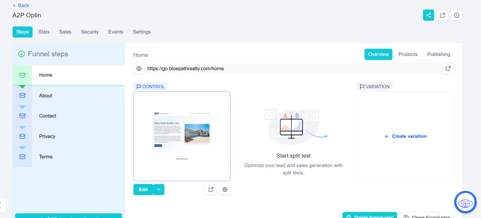 GoHighLevel funnel steps for A2P Optin: Home, About, Contact, Privacy, Terms