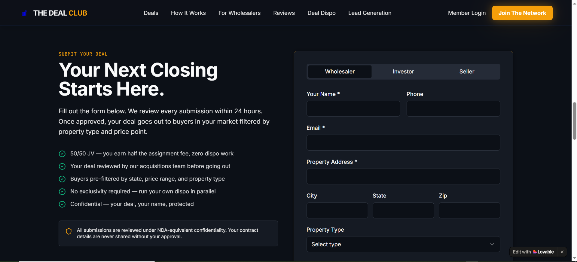 The Deal Club — Lovable Website × GoHighLevel Webhook Automation
