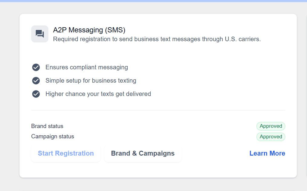 GoHighLevel A2P Messaging (SMS) card showing Brand status Approved and Campaign status Approved
